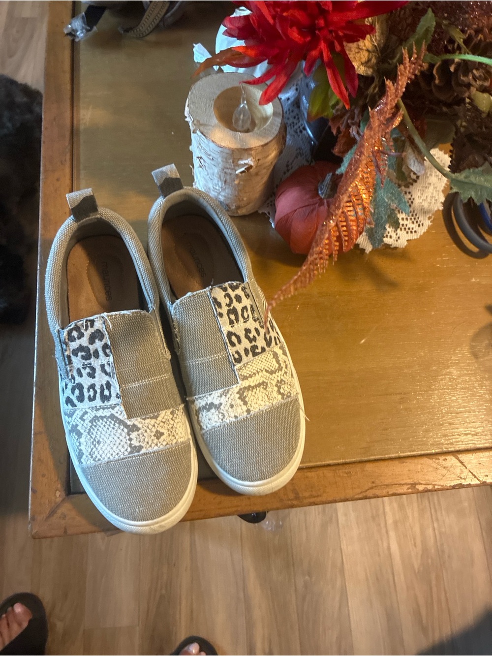 Maurices Women's Slip-On Flats in Light Gray with Leopard & Lace Panels